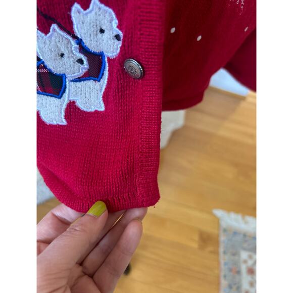 Vintage 90s Red Holiday Woman Walking Scottie Dog Cardigan Christmas Winter - Picture 6 of 8